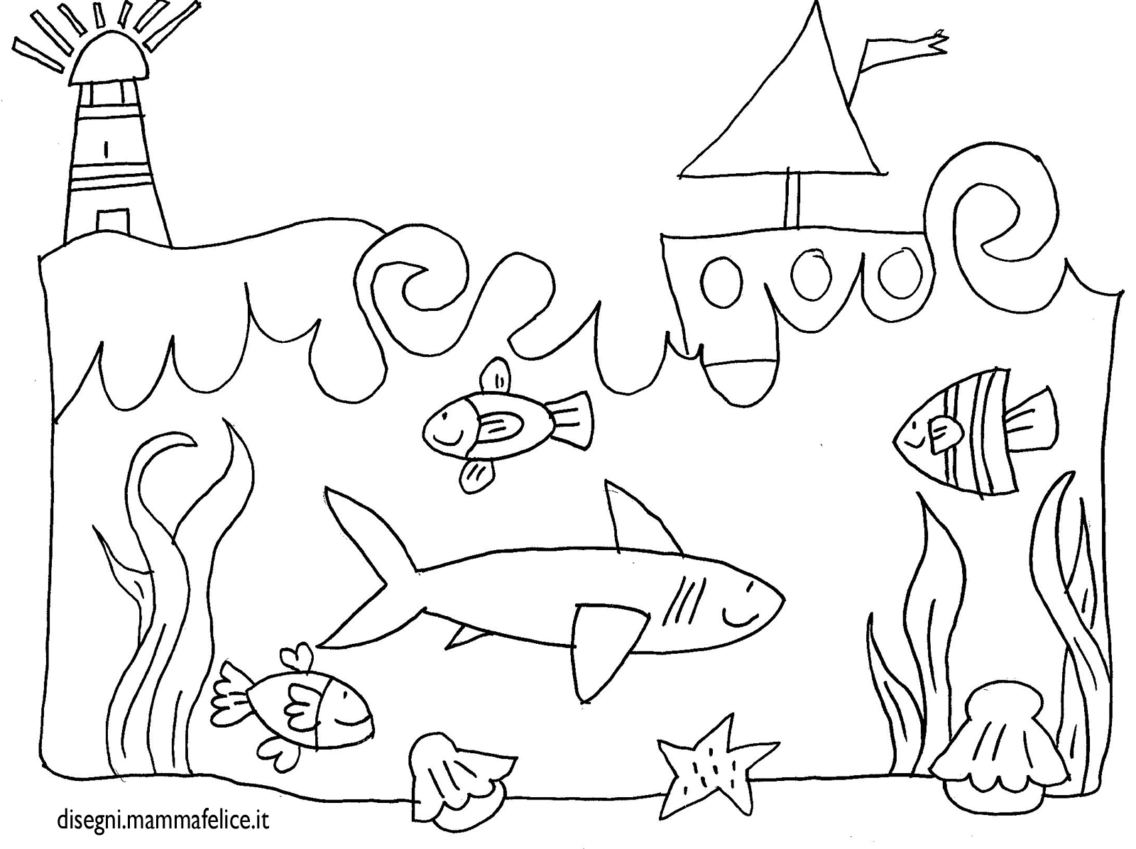 Disegno Per Bambini Da Colorare Gratis Mare Paesaggio Sottomarino Squalo Pesci Barca Disegni